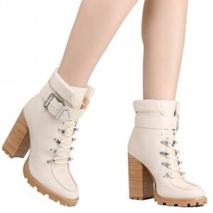 Women's Cream Ankle Boots with Buckle Detail